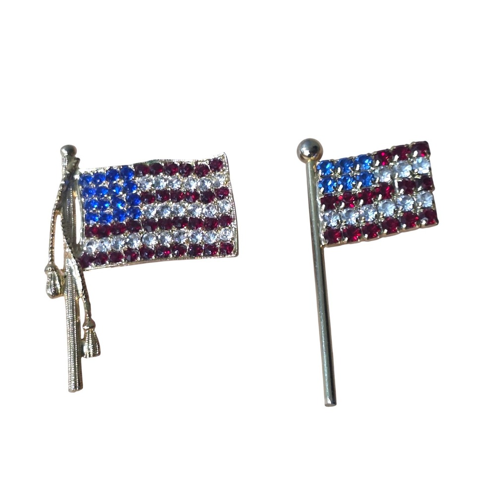 Vintage American Flag Rhinestone‎ Pin Set Gold Tone Patriotic USA Lapel Brooch 2